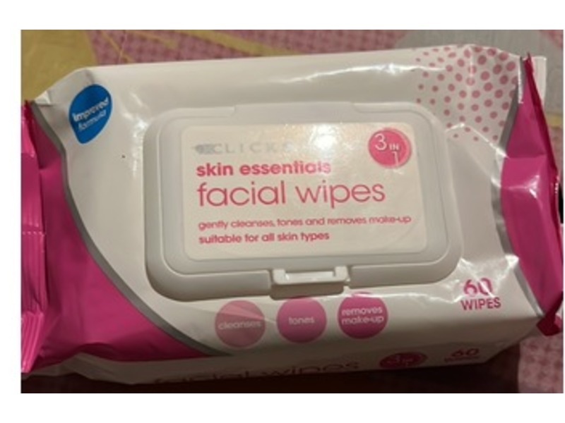 Clicks Skin Essentials Facial Wipes, 60 Wipes