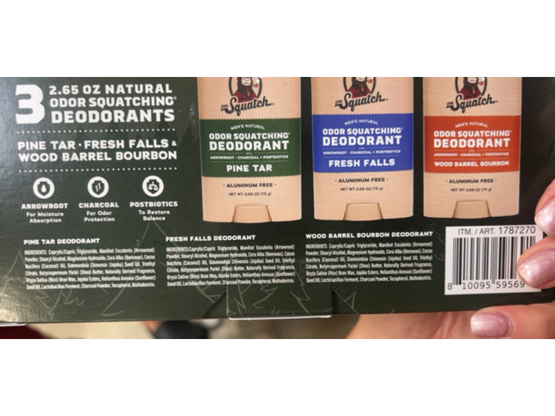 Dr. Squatch 3 Odor Squatching Deodorant Set, Pine Tar + Fresh Falls & Wood Barrel Bourbon, 2.65 oz