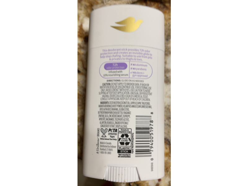 Dove Whole Body Deodorant Stick, Coconut & Vanilla, 2.6 oz/74 g