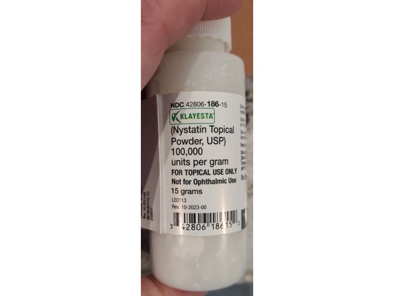 Klayesta (nystatin topical powder) 100,000 units per g, 15 g, Epic Pharma (Rx)