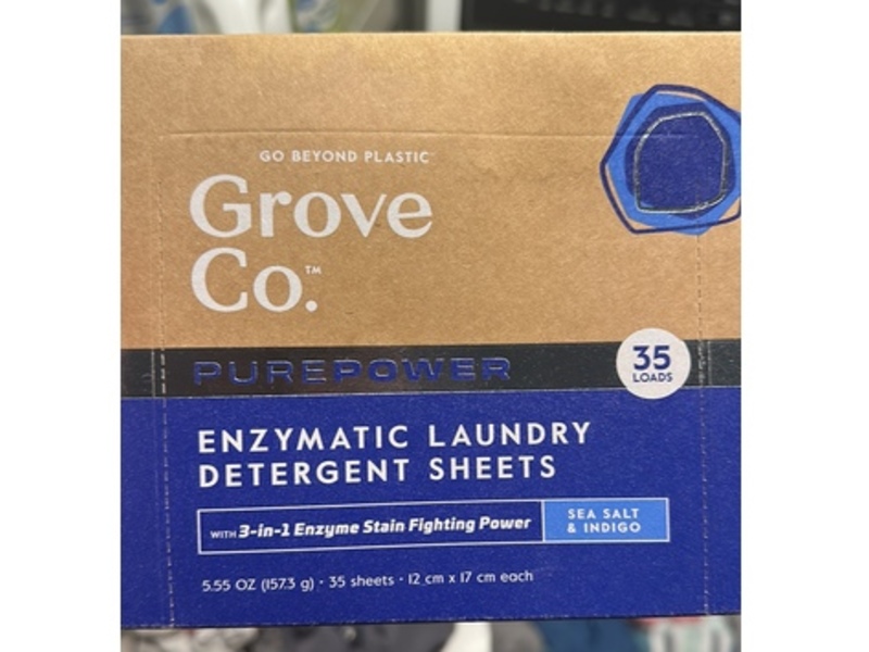 Grove Co Purepower Enzymatic Laundry Detergent Sheets, Sea Salt & Indigo, 35 Loads, 5.55 oz/157.3 g, 35 Count