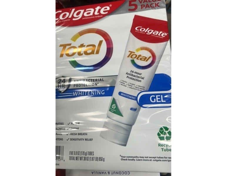 Colgate Total Antibacterial Protection Whitening Gel, 6 oz/170 g, Pack Of 5