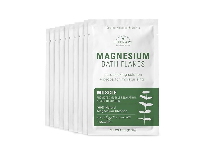 Village Naturals Therapy Muscle Magnesium Bath Flakes, Eucalyptus Mint Scent, 4.5 oz/127.5 g, Pack of 10
