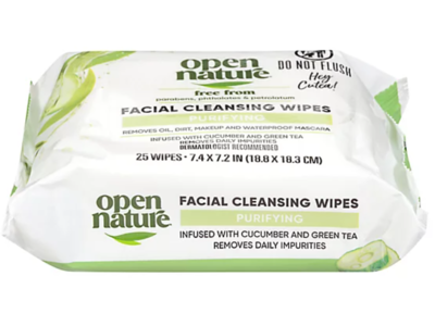 Open Nature Facial Cleansing Wipes, Cucumber & Green Tea, 25 Count