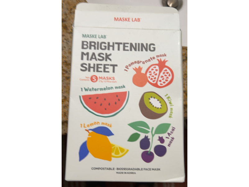 Maske Lab Brightening Mask Sheet Pack Set, Lemon+Pomegranate+Watermelon+Acai &Kiwi, 0.95 oz/27 g