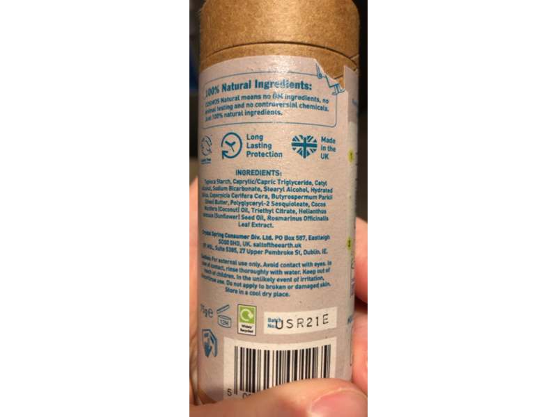 Salt Of The Earth 100 % Natural Unscented Deodorant Stick, Use or Refill, 75 g