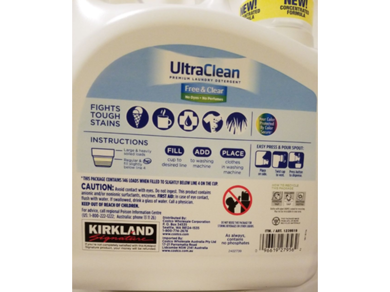 Kirkland Signature Ultraclean Premium Laundry Detergent, Free & Clear, 146 Loads, 194 fl oz/5.73 L