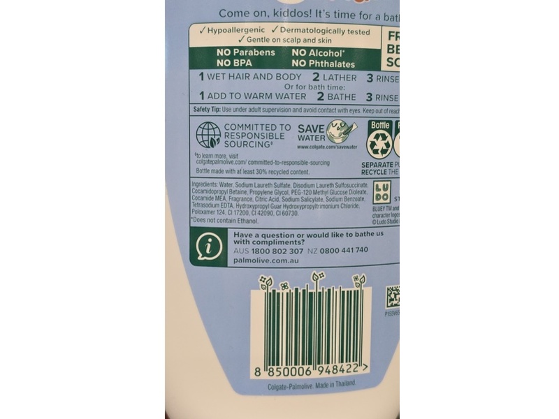 Palmolive Kids Bluey 3 In 1 Body Bath & Hair Wash, Berrylicious, 1 L