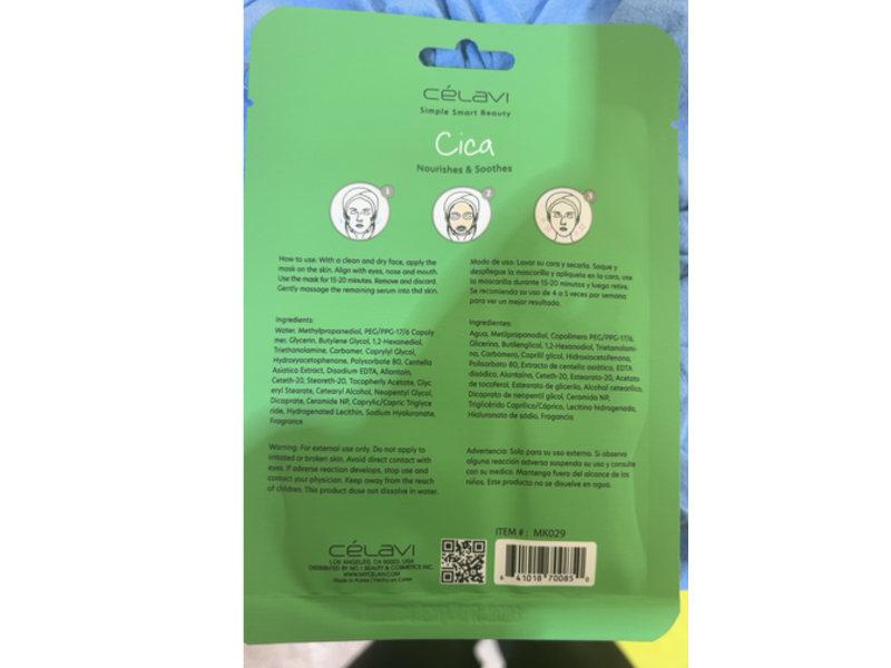 Celavi Nourishes & Soothes Facial Mask, Cica, 0.74 oz/20 g, 1 Count