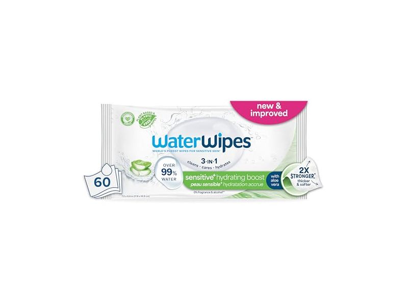 WaterWipes 3-In-1 Sensitive+ Hydrating Boost Wipes, Aloe Vera, 60 Count