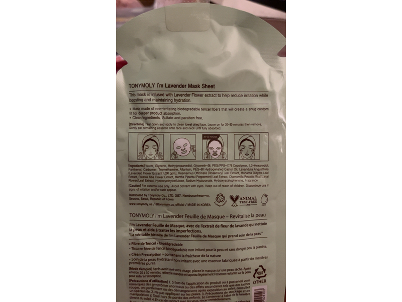 Tony Moly Hydrating Mask Sheet, I'm Lavender, 0.74 oz/21 g