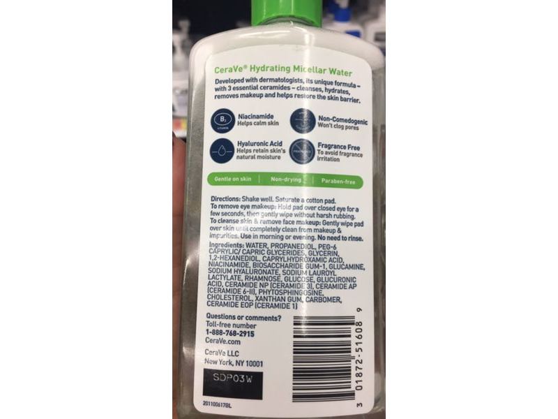 CeraVe Hydrating Micellar Water Ultra Gentle Cleanser, 10 fl oz/296 mL