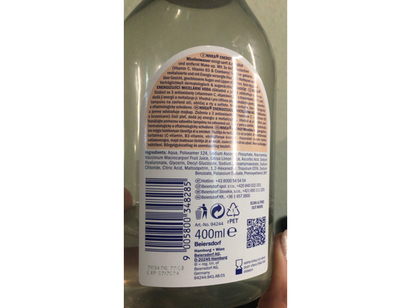 Nivea Energy Micellar Water, 3X Anti-Oxidants, Vitamin C+ B3 & Cranberry, 400 mL