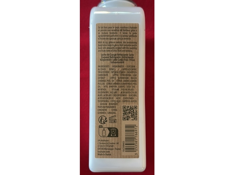 L'Occitane en Provence Fresh Body Milk, Citrus Verbena, 8.40 fl oz/250 mL