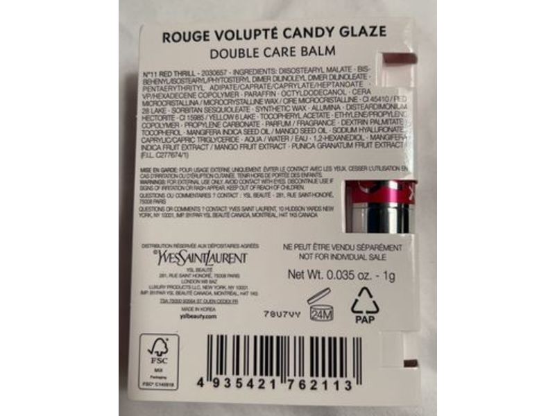 Yves Saint Laurent Rouge Volute Candy Glaze Double Care Balm, 11 Red Thrill, 0.035 oz/1 g