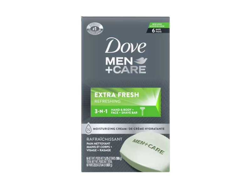 Dove Men + Care 3-In-1 Hand & Body + Face + Shave Bar, Extra Fresh, 3.75 oz/106 g, Pack Of 6