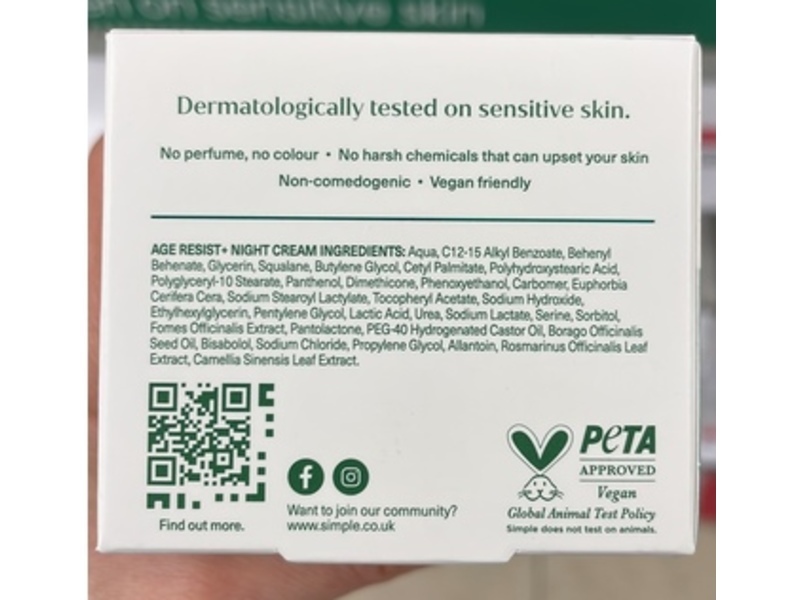 Simple Age Resist + Night Cream, Vegan Glycerin + Squalane + Rosemary, 50 mL