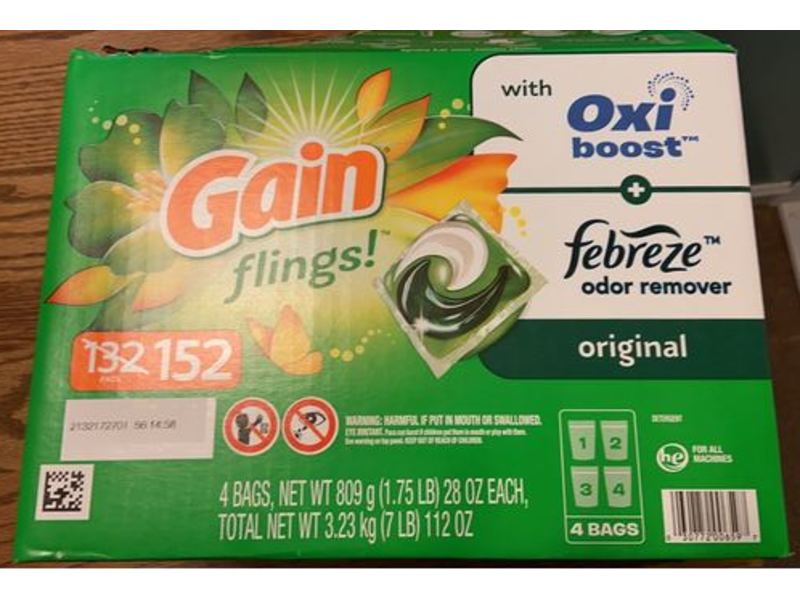 Gain Flings! Liquid Laundry Detergent Pacs, Original, 112 oz/3.23 kg, 152 Count, Pack Of 4