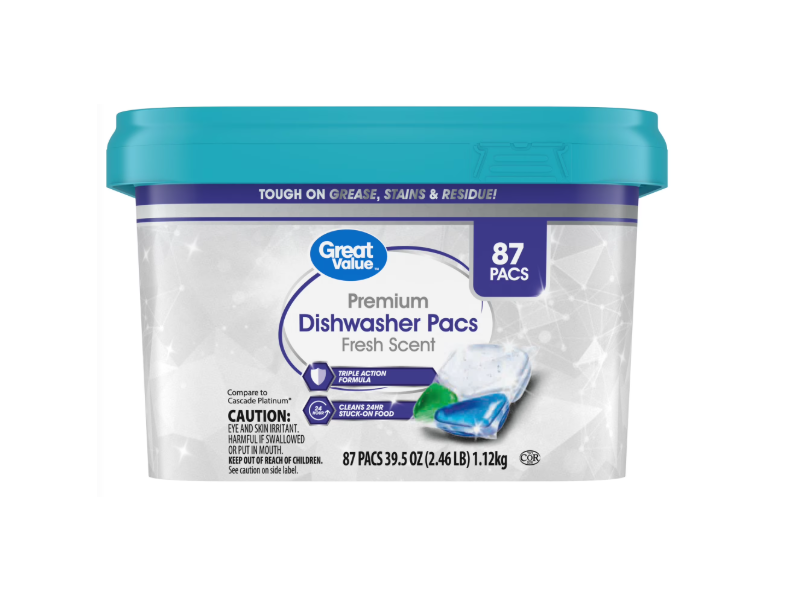 Great Value Premium Dishwasher Pacs, Fresh Scent, 39.5 oz/1.12 kg, 87 Pacs