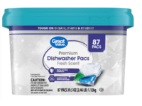 Great Value Premium Dishwasher Pacs, Fresh Scent, 39.5 oz/1.12 kg, 87 Pacs - thumbnail 1
