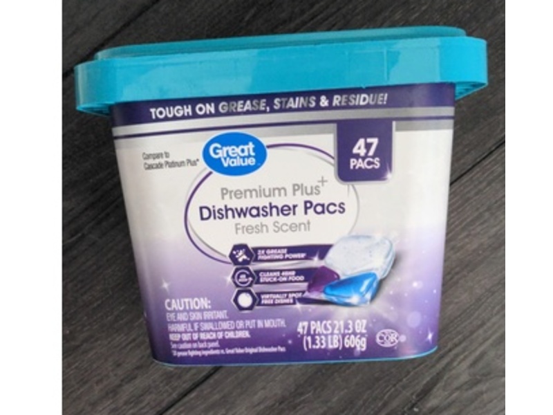 Great Value Premium Plus Dishwasher Pacs, Fresh Scent, 21.3 oz/606 g, 47 Count