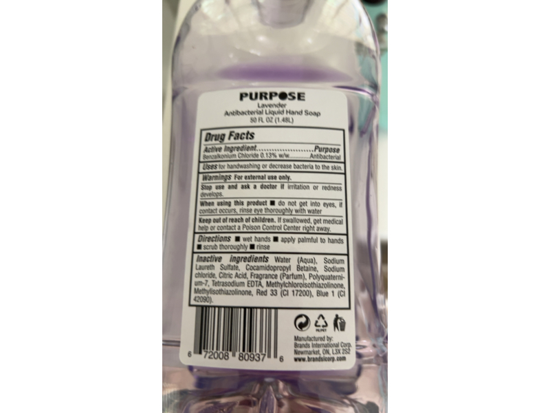 Purpose Antibacterial Liquid Hand Soap, Lavender, 50 fl oz/1.48L