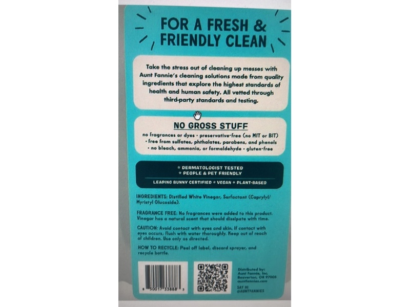 Aunt Fannie's All Purpose Cleaner, Fragrance Free, 16.9 fl oz/500 mL