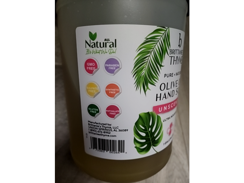 Brittanie's Thyme Olive Oil Hand Soap, Unscented, 3.8 L