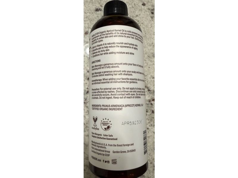 Pura Dor Organic Carrier Oil, Apricot, 16 fl oz/473 mL