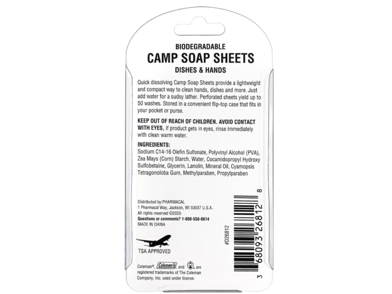 Coleman Biodegradable Dishes & Hands Camp Soap Sheets , 25 Count