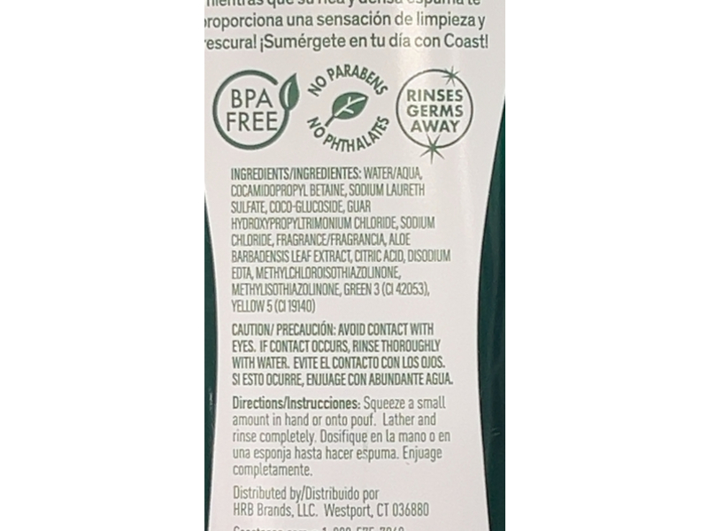 Coast Emerald Burst Refreshing Body Wash, Moisturizing Aloe, 18 fl oz/532 mL