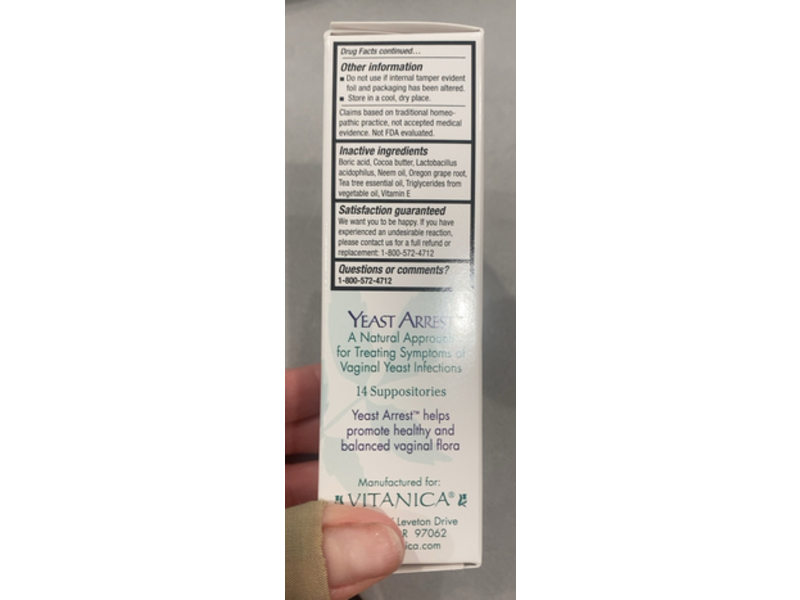 Vitanica Yeast Arrest Homeopathic Vaginal Suppositories, 14 Count