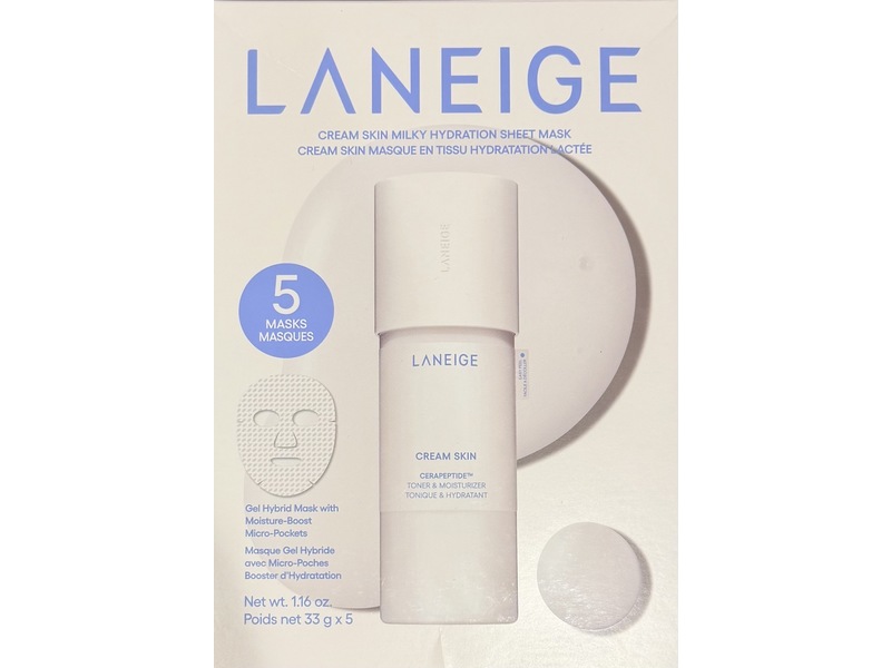 Laneige Cream Skin Milky Hydration Sheet Mask, Cerapeptide, 1.16 oz/33 g, Pack Of 5
