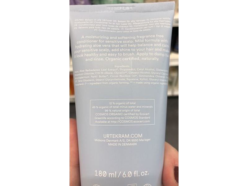 Urtekram Sensitive Scalp Conditioner, Fragrance Free, Aloe Vera & Jojoba Oil, 6.0 fl oz/180 mL