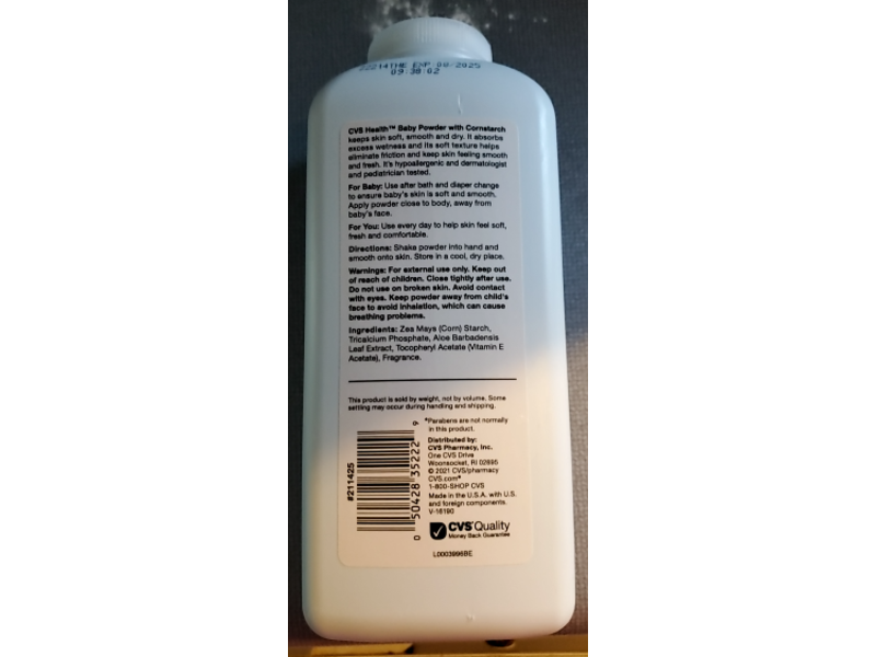 Cvs Health Cornstarch Baby Powder, Aloe Vera & Vitamin E, 15 oz/425 g