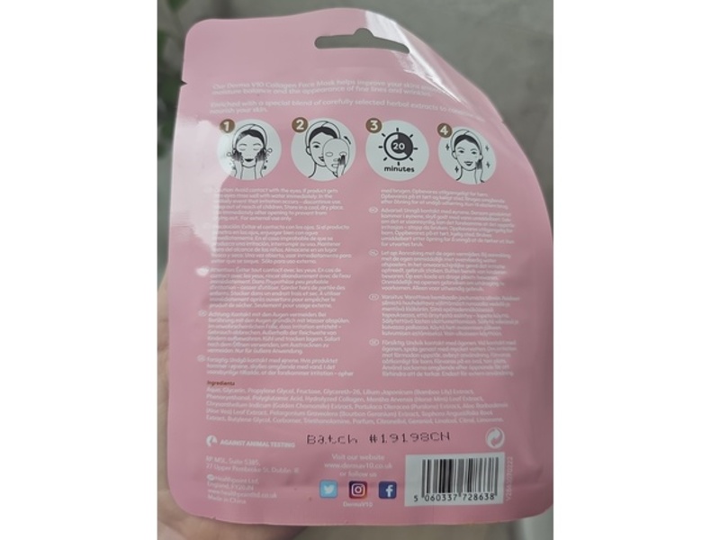 Dermav10 Anti-Ageing Collagen Face Mask, Aloe Vera, 1 Count