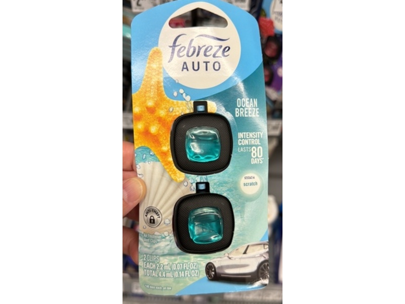 Febreze Auto Air Freshener Vent Clips, Ocean Breeze, 0.07 fl oz/2.2 mL, Pack Of 2