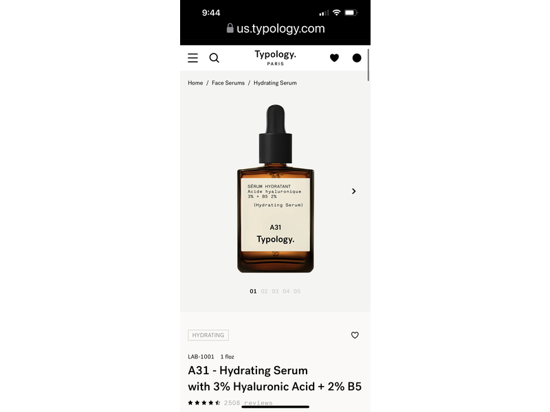 Typology A31 Hydrating Serum, 3% Hyaluronic Acid + 2% B5, 1 fl oz/30 mL