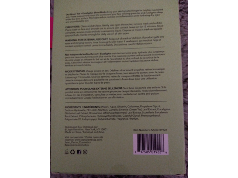 Subtle Sheet Masks, Green Tea & Eucalyptus, 5 Count