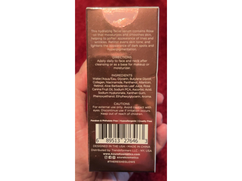 Azure Hydrating Anti Aging Facial Serum, Rose & Retinol, 1.69 fl oz/50 mL