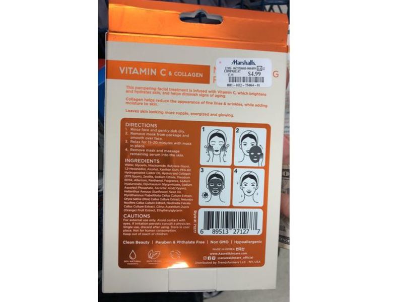 Azure Vitamin C & Collagen Moisturizing Face Mask, 3.7 oz/105 g, 5 Count