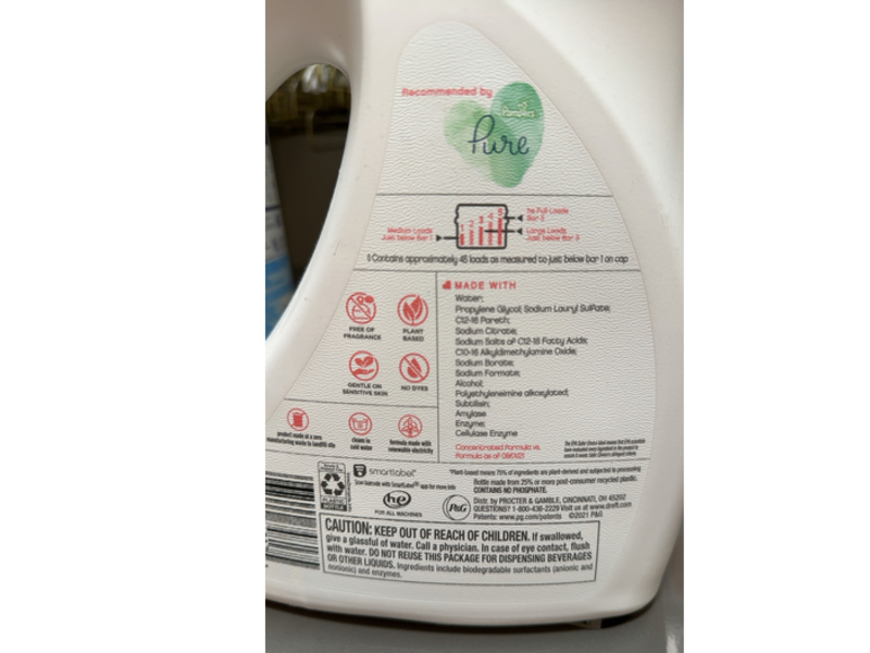 Dreft Pure Detergent, Fragrance Free, 45 Loads, 65 fl oz/1.92 L