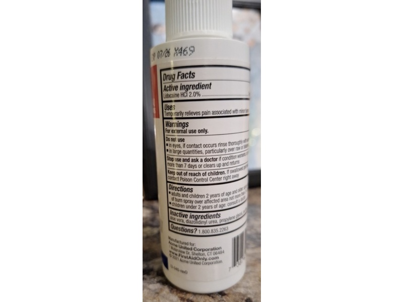 First Aid Only Burn Pain Relieving Spray, Lidocaine HCl 2.0%, 4 fl oz/118.3 mL