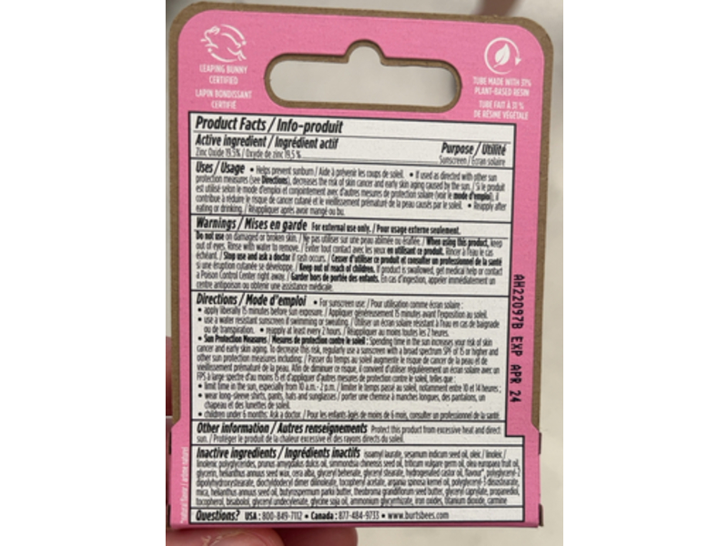 Burt's Bees Tinted Lip Balm, Wild Peony, SPF 30, 0.15 oz/4.25 g