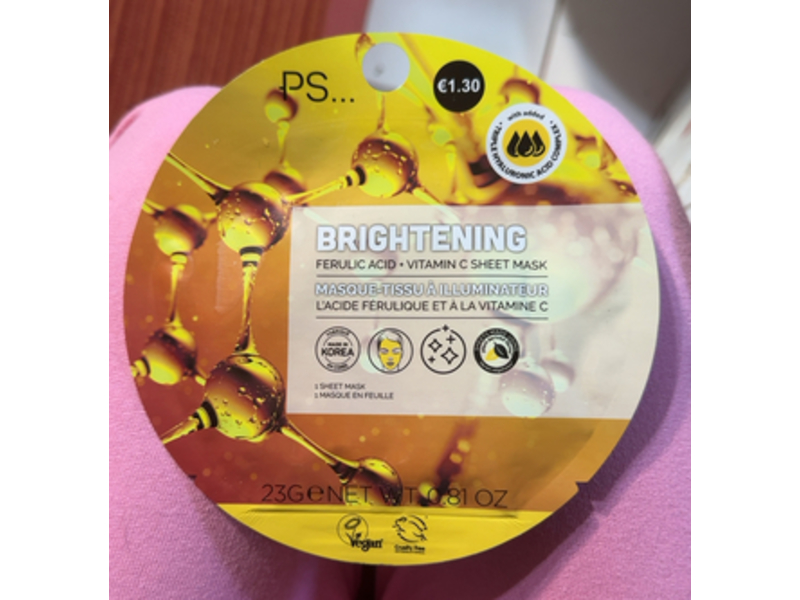 PS... Brightening Sheet Mask, Ferulic Acid + Vitamin C, 0.81 oz/23 g