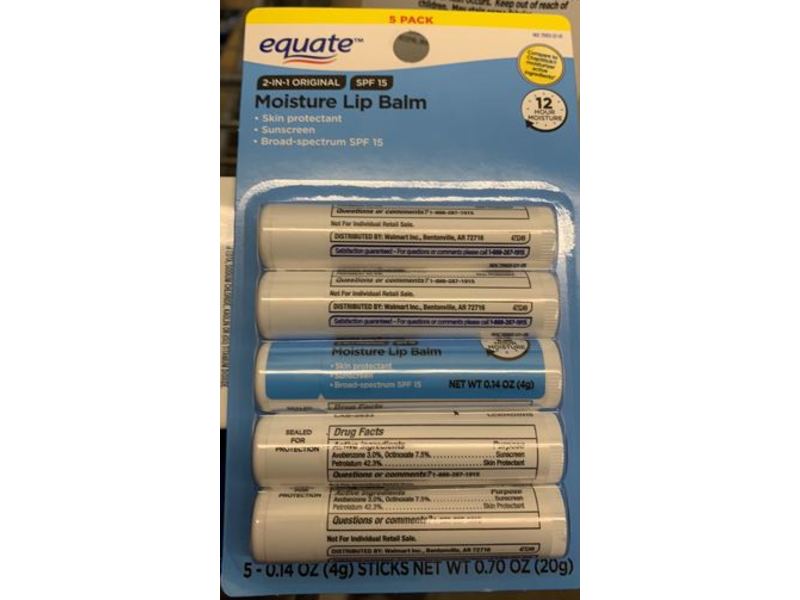 Equate 2-In-1 Original Moisture Lip Balm, SPF 15, 0.14 oz/4 g, Pack Of 5