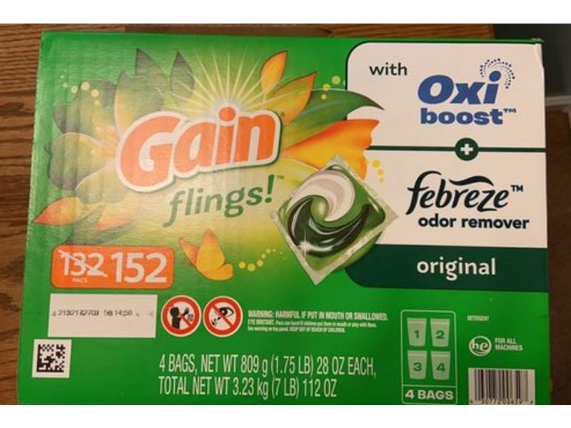 Gain Flings! Liquid Laundry Detergent Pacs, Original, 112 oz/3.23 kg, 152 Count, Pack Of 4