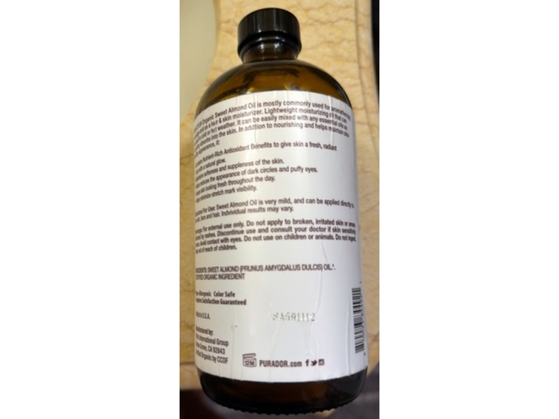 Pura d'or Organic Sweet Almond Oil, 16.9 fl oz/500 mL