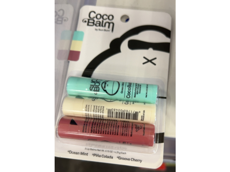 Sun Bum Coco Balm Lip Balm, Ocean Mint, Pina Colada, Groove Cherry, 0.15 oz/4.25 g, Pack of 3