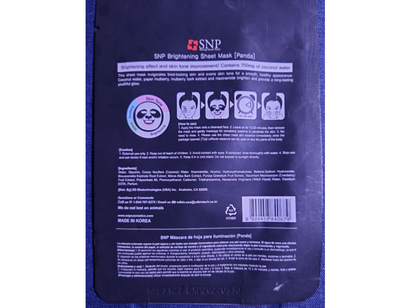 SNP Brightening Sheet Mask Panda, 0.84 fl oz/25 mL